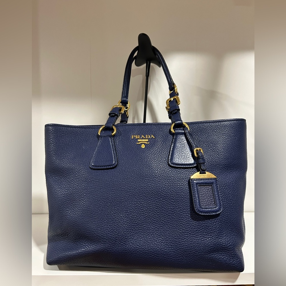 Authentic Prada Navy Vitello Daino Pebble Leather Tote Bag with Gold Hardware